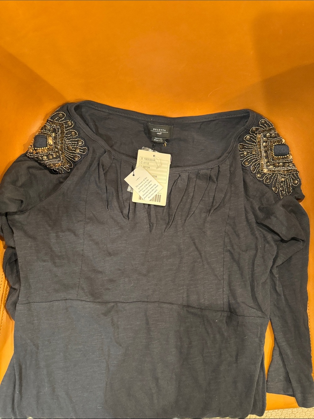NWT Anthropologie Deletta Navy 3/4-Sleeve Beaded Shoulder Tee